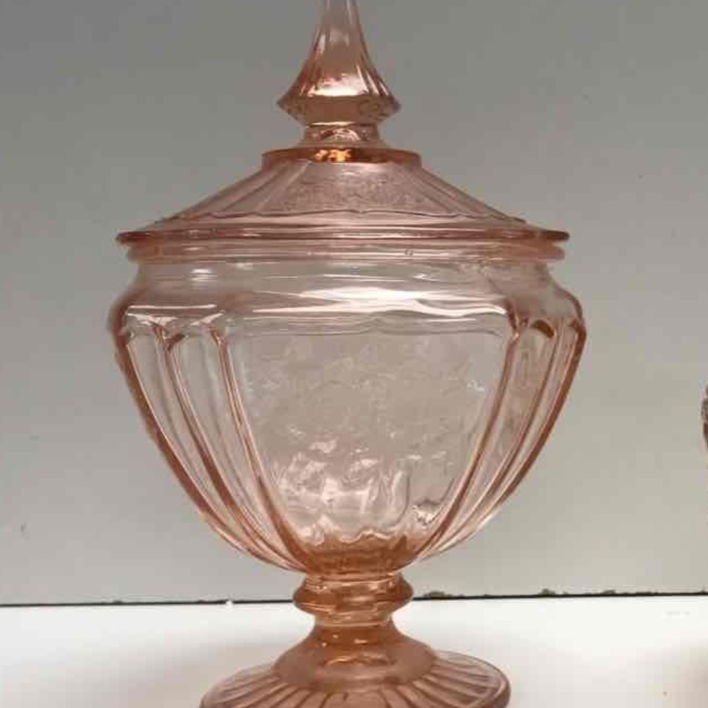 Pink Vintage depression style glass pedestal candy dish lid floral